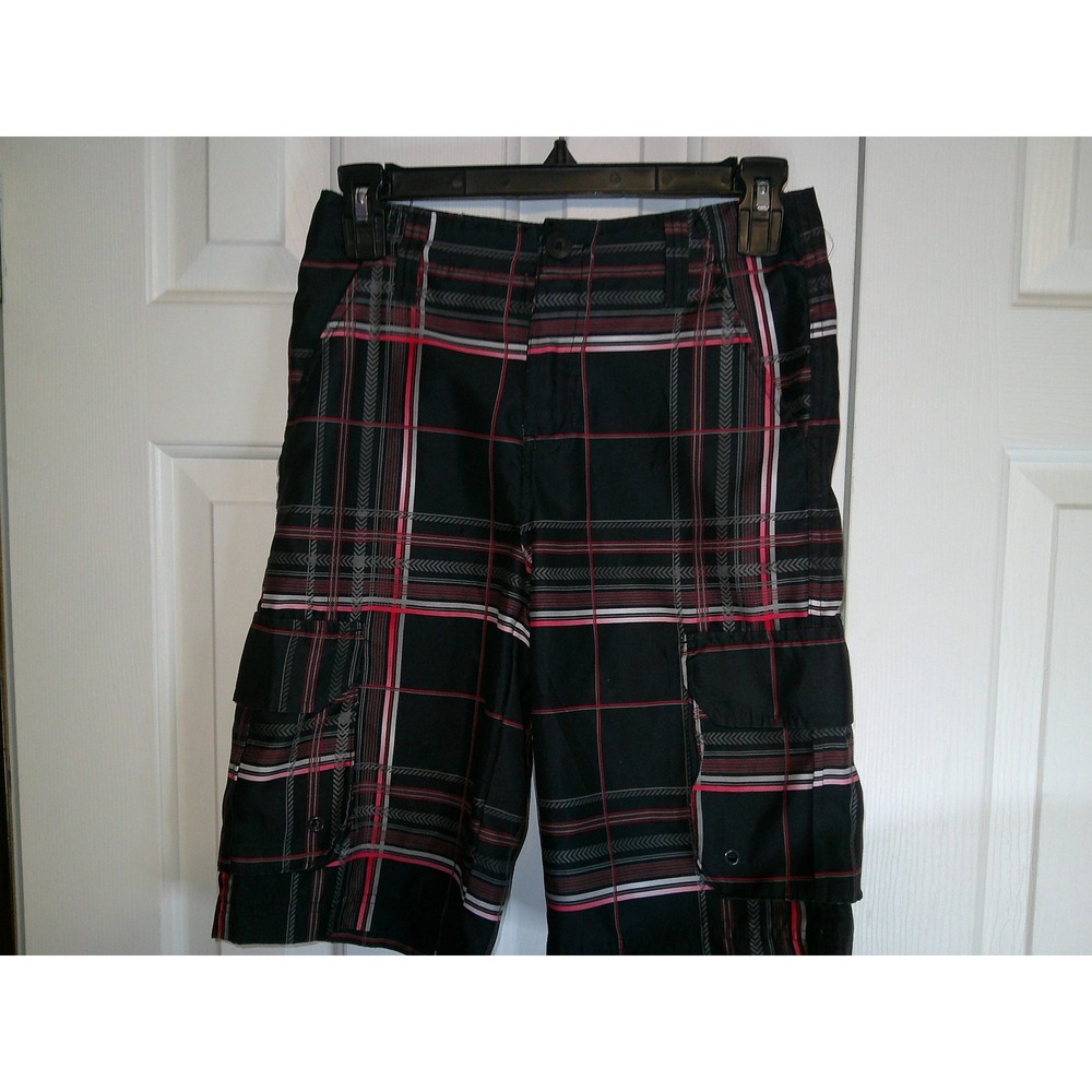 Vintage OP Boys Plaid Cargo Shorts Casual‎ Activewear Black Red Size 12
